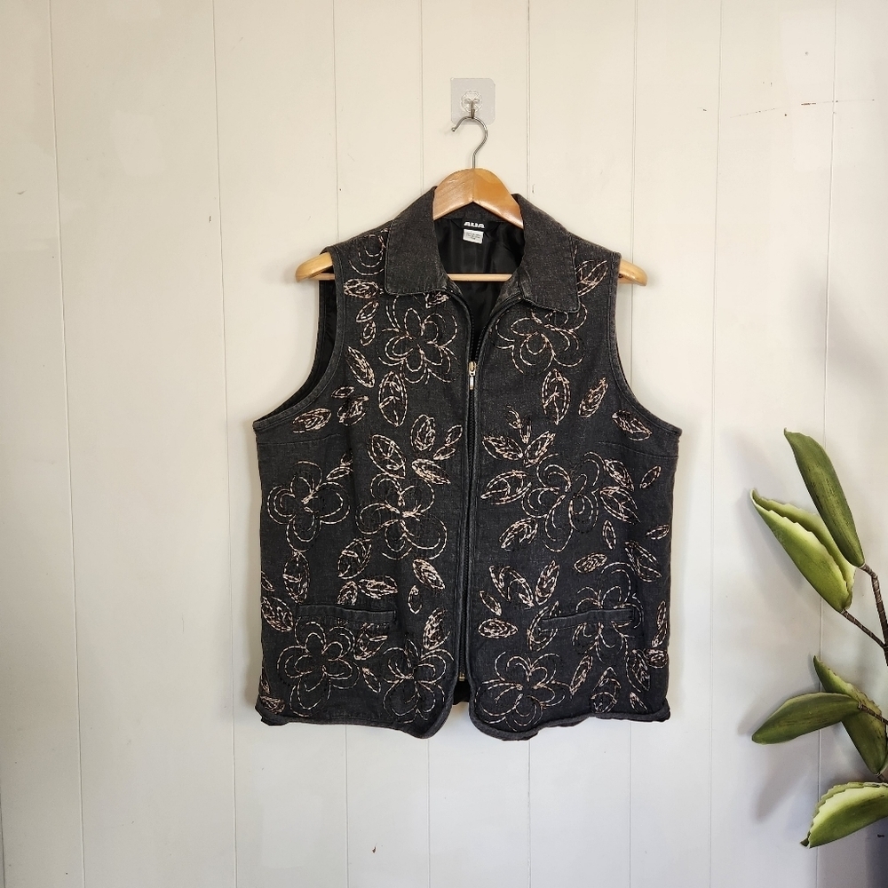 Vintage 90s Floral Gray Zip Up Quilted Vest Floral 1990s Cottagecore Western - Picture 11 of 11